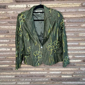 Blue Ice Green Embroidered Floral Linen Blend One Button Blazer